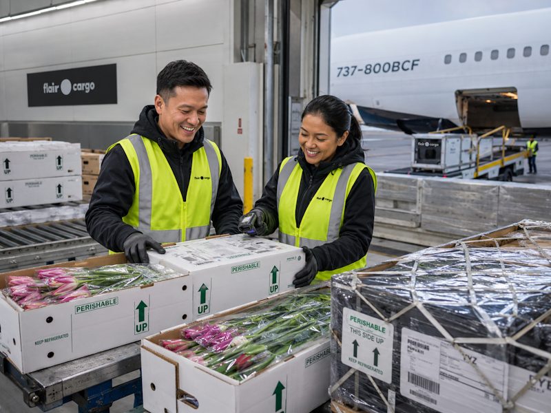 Flair Airlines aircraft ready for cargo loading on the tarmac